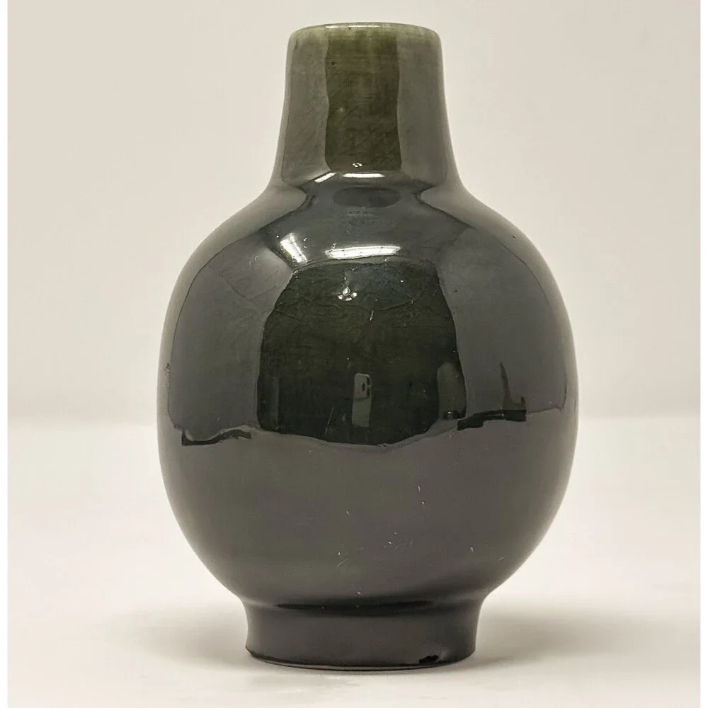 Vintage Dark Green Ceramic Bud Vase Minimalist Glossy Small Decor